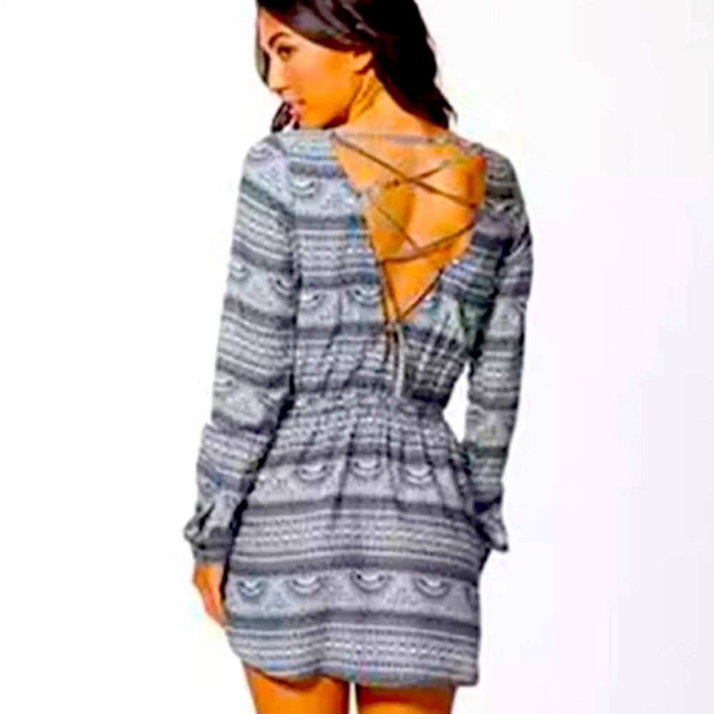 Rip Curl Long Sleeve Surf Goddess Geometric Cross Backless Lace Up Back Dress XS